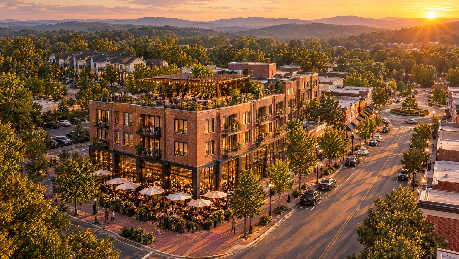 Aerial concept rendering of a brick mixed-use building with a rooftop terrace on a small-town main street at sunset
