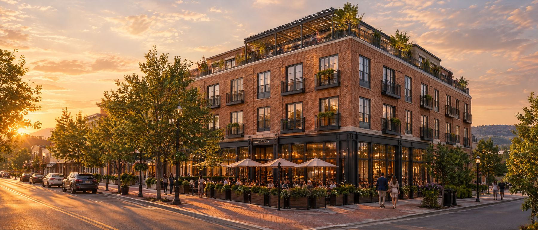 Concept rendering of a brick mixed-use building with ground-floor restaurants and a rooftop terrace on a downtown main street at sunset